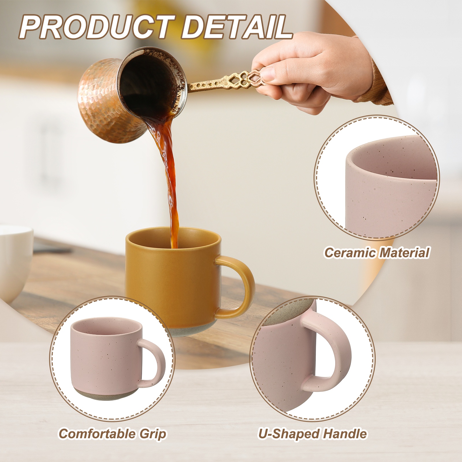 Uxcell Handmade Vintage Espresso Cups, 12 oz Ceramic Coffee Mug Stoneware Tea Cup with Handle Dishwasher and Microwave Safe for Latte Cappuccino Milk Office Home Gifts, Pink