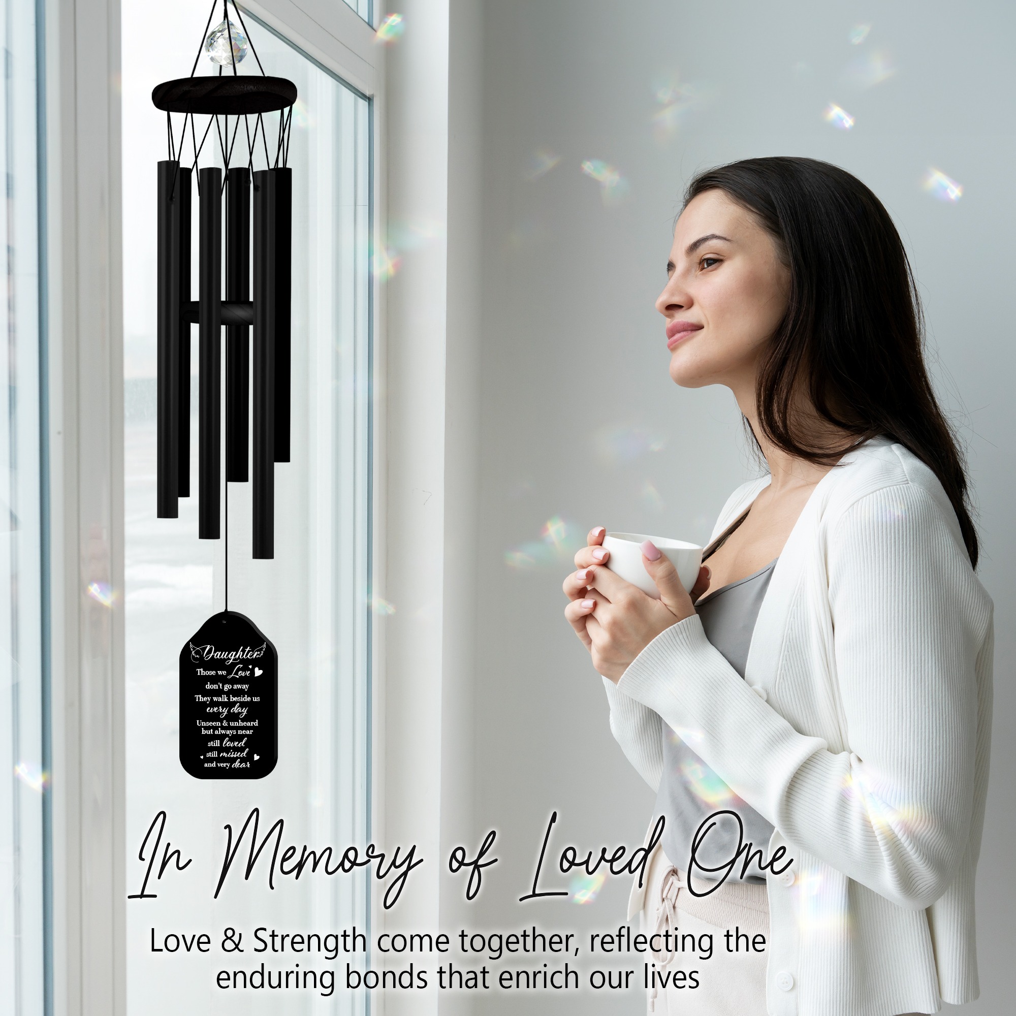 Memorial Wind Chimes Personalized for Daughter, Black Outdoor Sympathy Wind Chime with Crystal Accent, Double-Sided Engraved Design, Cardinal Tree Pattern, Includes Poem Card, Sunflower Card Gift Box