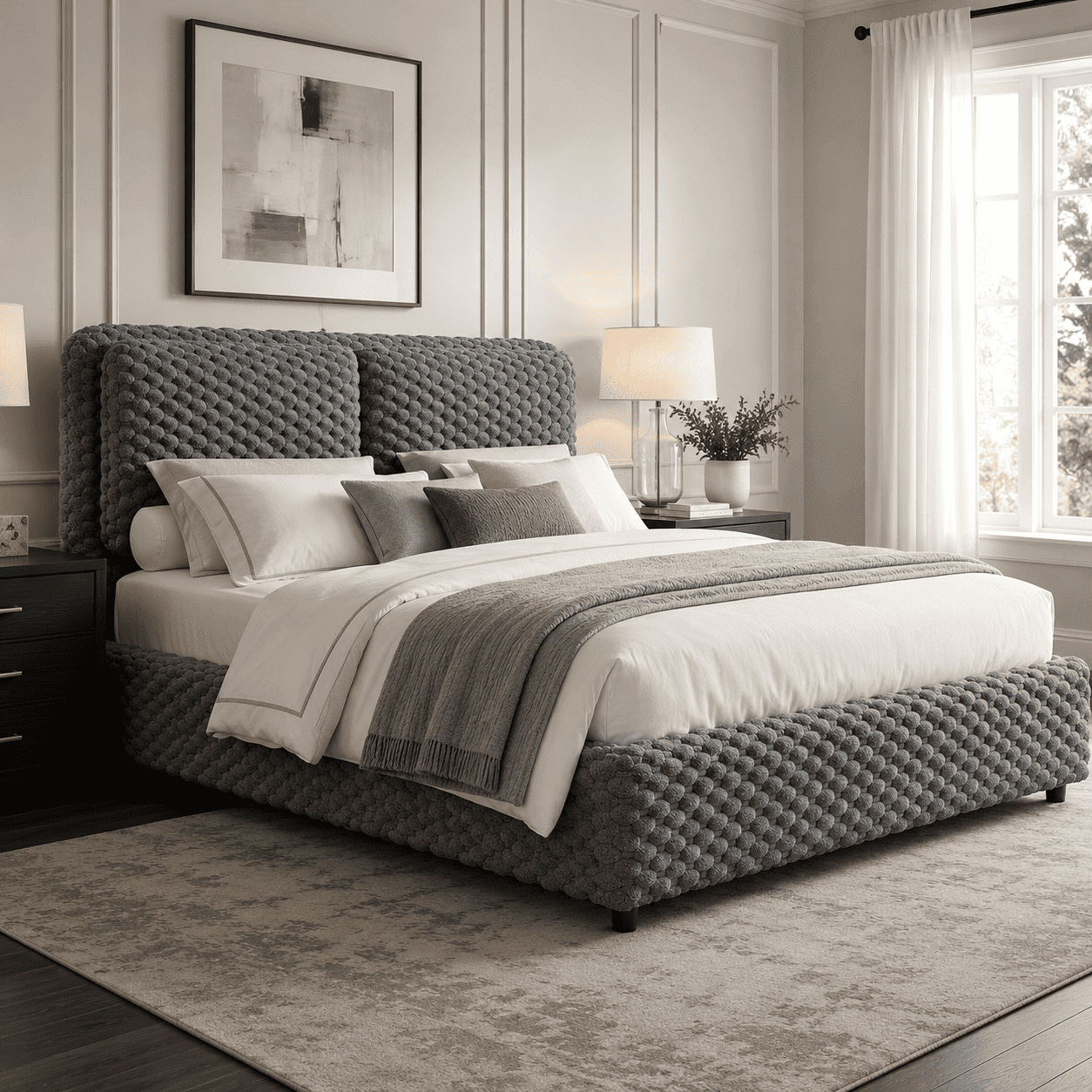 4 EVER WINNER Queen Bed Frame, Queen Size bed Frame with Headboard, Upholstered Bed Frame with Removable Pillows, Grey