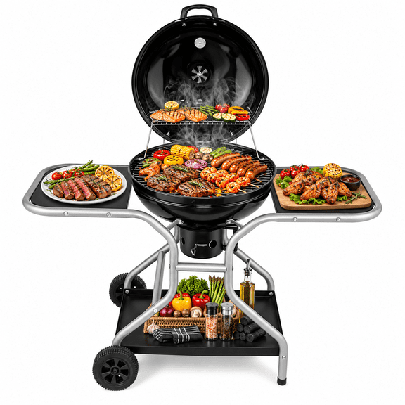 LODZPK Portable Kettle Charcoal Grill with 2 Side Tables, Storage Shelf, Ash Catcher, Thermometer, Air Vents & Wheels