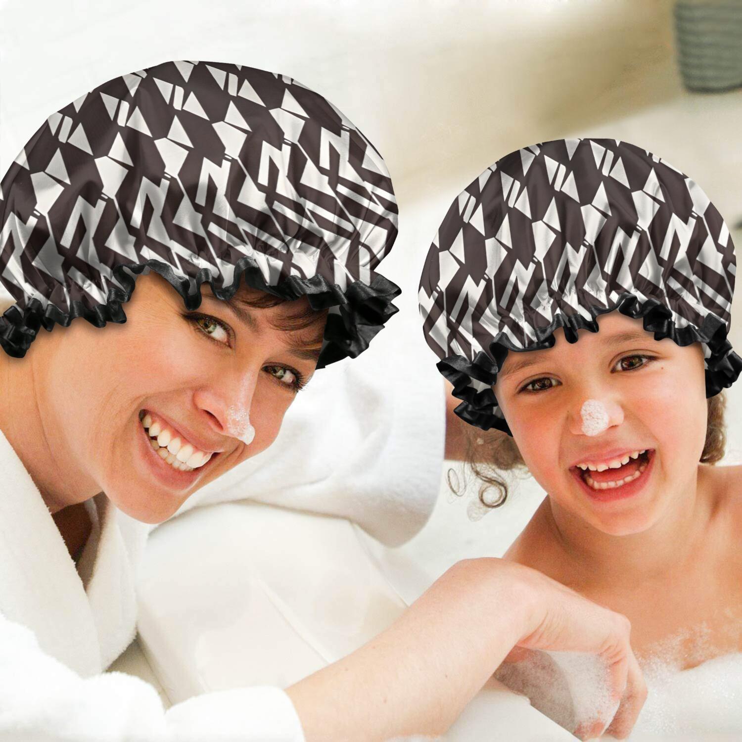 Shower Caps,Black White Geometric Pattern Waterproof Shower Cap for Women 4 Pieces,Double Reusable Hair Cover for Shower PEVA Elastic Stretch Hem