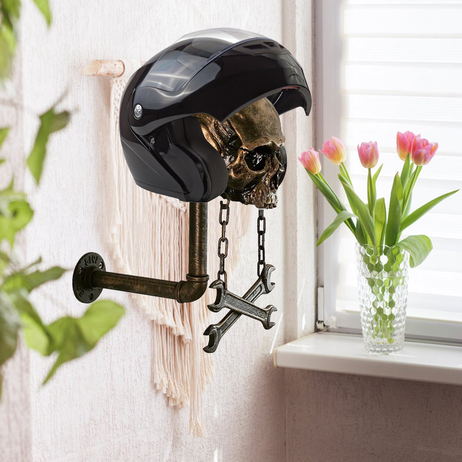 BIBABLYKE Motorbike Helmet Display Rack Motorbike Helmet Holder Skull Shape Helmet Stand Wall Mounted Helmet Rack for Coat