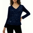 thumbnail image 2 of Womens Sequin Tops 3/4 Length Sleeve Tops V Neck Velvet Ruched Blouses Glitter Evening Party Concert Shirt Blouse 2025 Glitter Trendy Party Outfit, 2 of 6