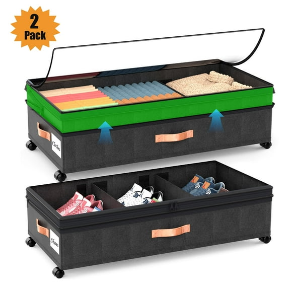 ZOWWKLLY Under Bed Storage with Wheels,2-pack Underbed Storage Containers with Clear Lids,Rolling Under the Bed Storage Organizer Bins, Metal Drawer for Clothes,Shoes,Blankets(Black)