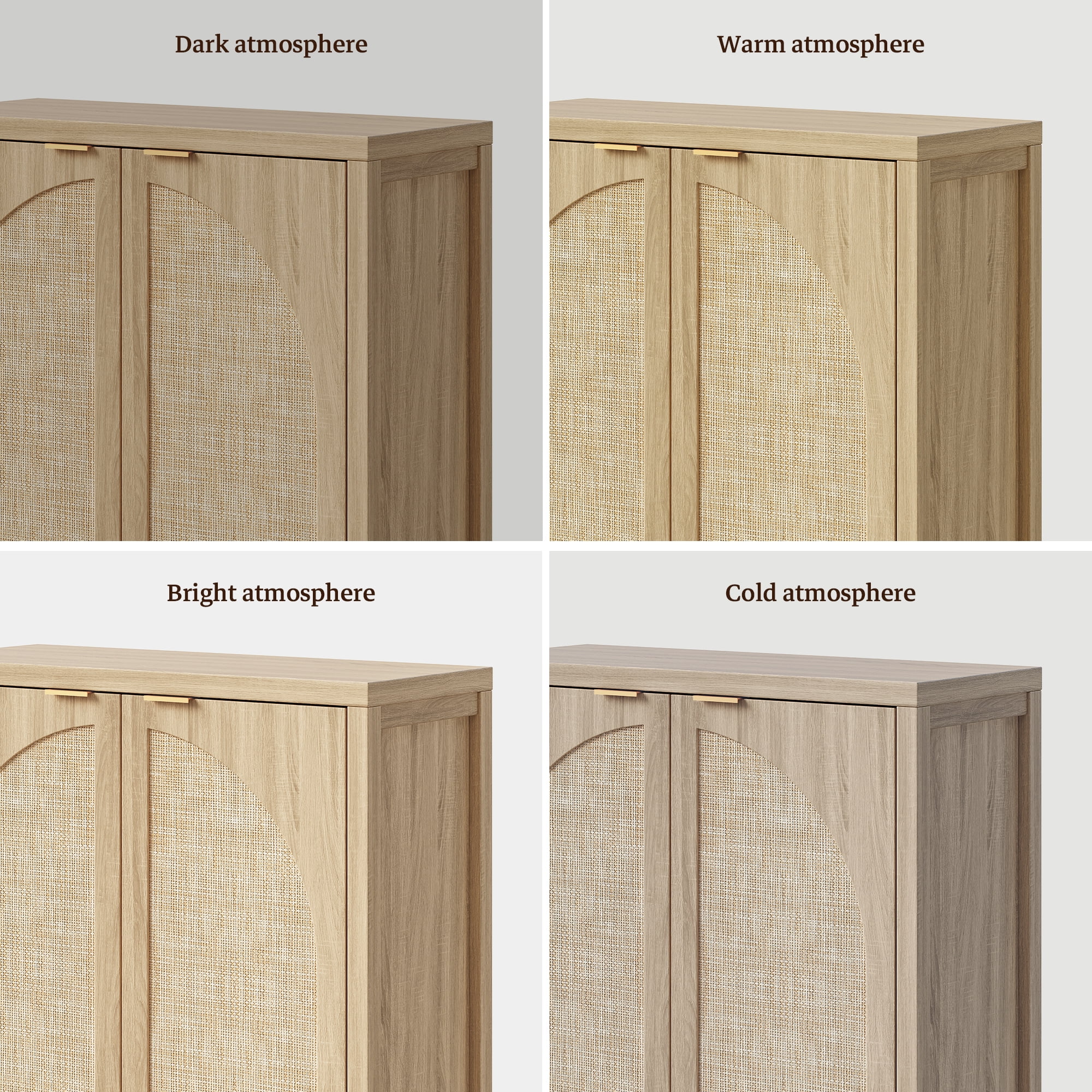 SICOTAS 34.2 Inch Wide Kitchen Pantry Cabinet with 2 Arch Rattan Doors, Rattan Buffet Cabinet with Adjustable Shelves for Kitchen Storage, Freestanding Organizer Sideboard Light Oak