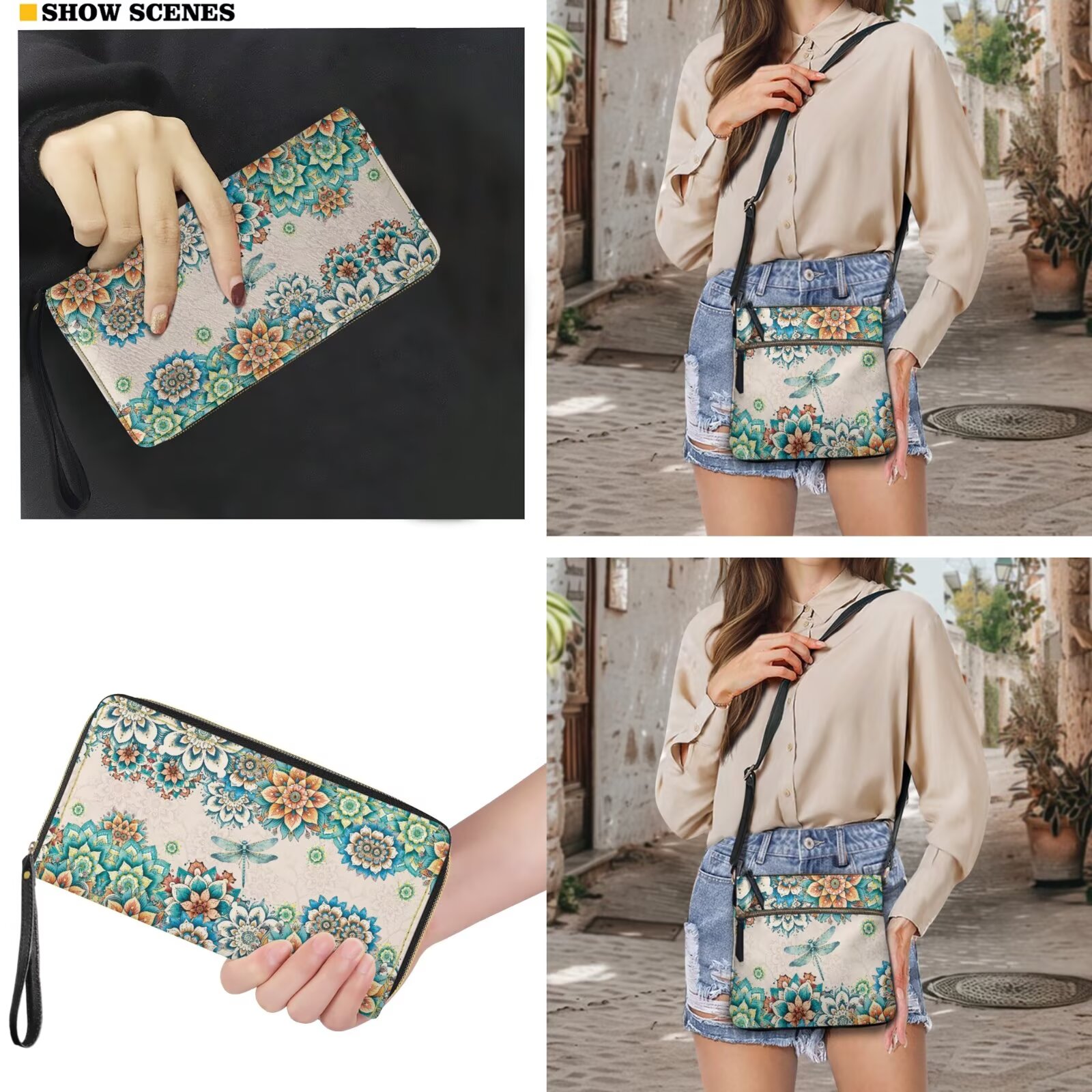 ZUXONGSY Boho Mandala Dragonfly Print Large Crossbody Bag and Wallet Set for Women, PU Leather Multi-Pocket Messenger Bag with Adjustable Strap