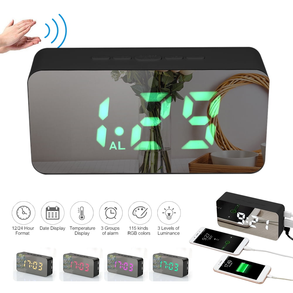 Digital Colorful RGB LED Mirror Alarm Clock USB/Battery Powered Desktop Thermometer Clock with