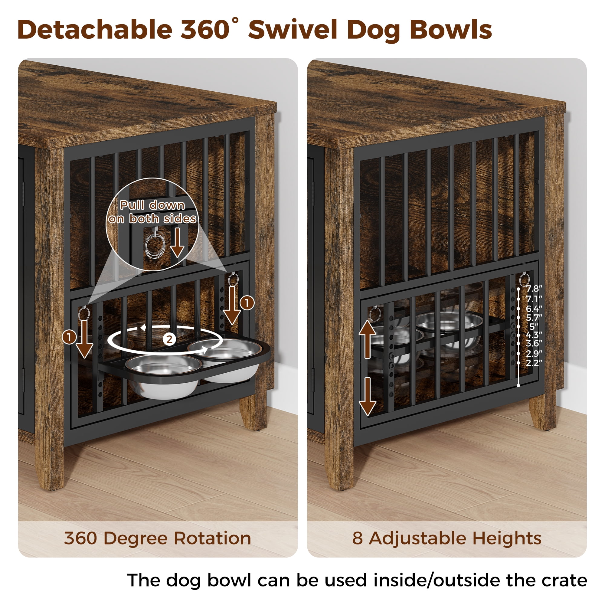 GIKPAL Dog Crate Furniture with 2 Adjustable Dog Bowls, Dog Kennel Indoor with Lockable Doors, 32" Pet Carrier House for Medium, Brown