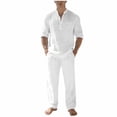 thumbnail image 2 of LEKWK Men Linen Sets Outfits 2 Piece Long Sleeve V Neck Casual Tops and Drawstring Elastic Waist Wide Leg Pants Summer Casual Beach Vacation Resort Outfits, 2 of 9