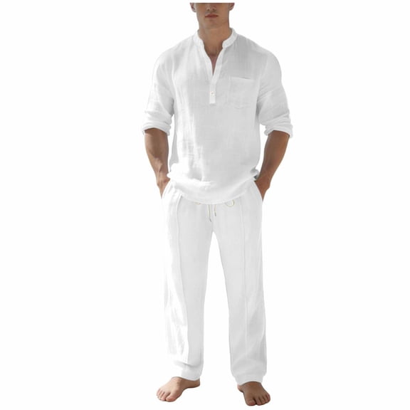 Gytharion Men's Summer Casual 2 Piece Outfits for Vacation Soild Color Stand Collar Long Sleeve Shirts with Drawstring Elastic Waist Long Pants Outfits Cotton and Linen Lightweight Sets