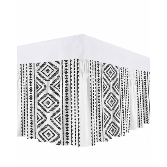 Black White Bohemian Bed Skirt Vintage Farmhouse Abstract Tribe Bed Skirts Queen Size 18 Inch Drop, Wrap Around Dust Ruffle Bedskirt with Adjustable Elastic Belt for Queen Size Beds