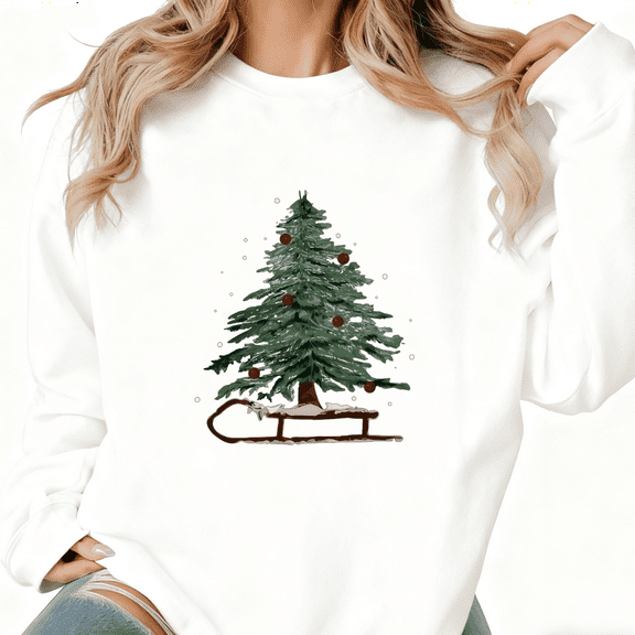Women's Christmas Tree Sleigh Printed Round-neck Long-sleeved Cotton Sweatshirt White S-3XL