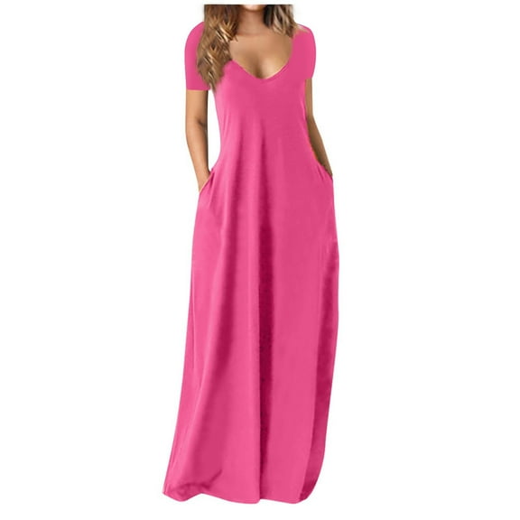 Lenago Women's Summer Dress Plus Size Deep V-Neck Standard-Fit Short Sleeve Solid Maxi Party Dress Beach Formal Blue Dress