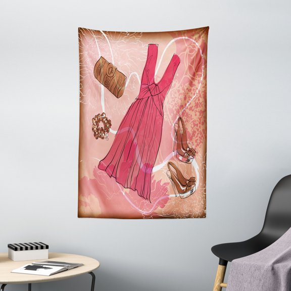 Heels and Dresses Tapestry, Spring Inspired Floral Abstract Backdrop Pink Dress Shoes Bracelet, Wall Hanging for Bedroom Living Room Dorm Decor, 40W X 60L Inches, Pink Brown White, by Ambesonne