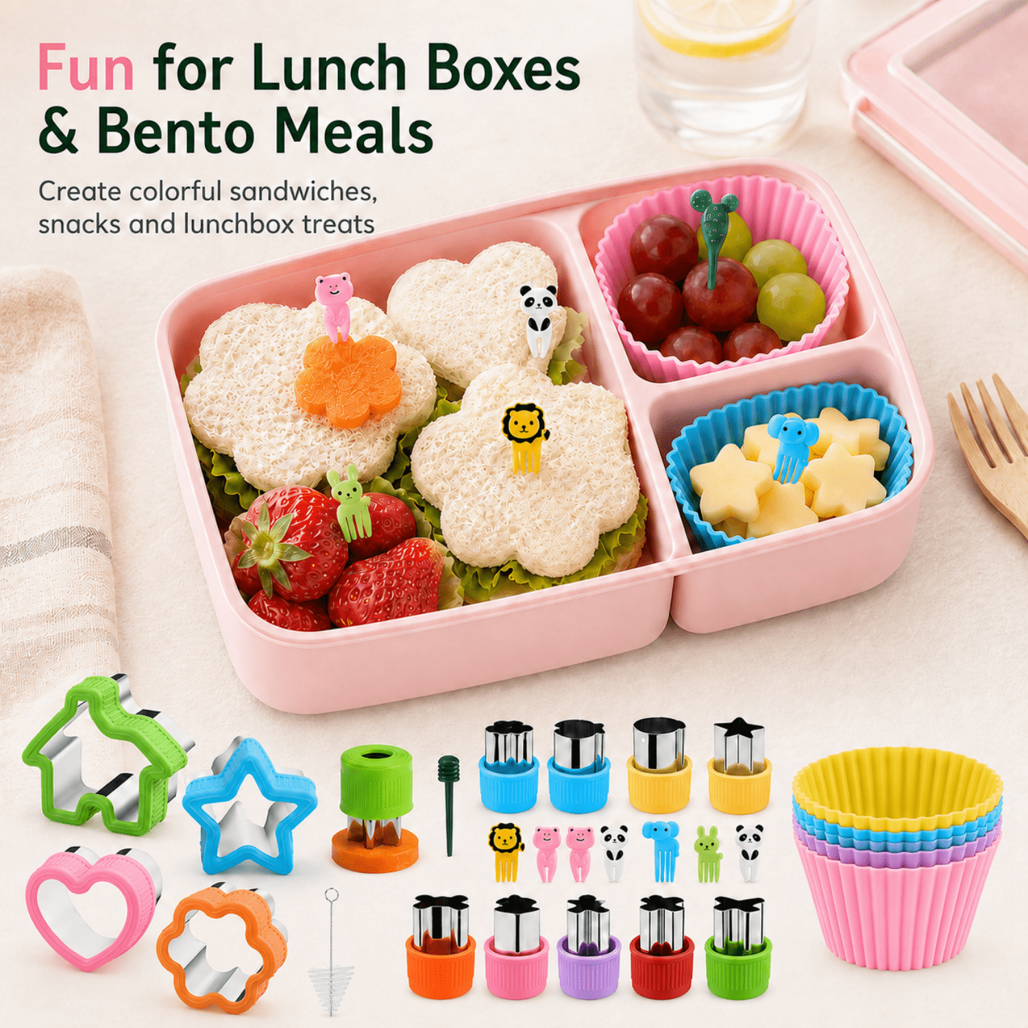 Sandwich Cutters for Kids Lunch, 36-Piece Set with Stainless Steel Bread and Cookie Cutters, Cartoon Food Picks and Silicone Baking Cups for Bento Lunches, Ages 6-12