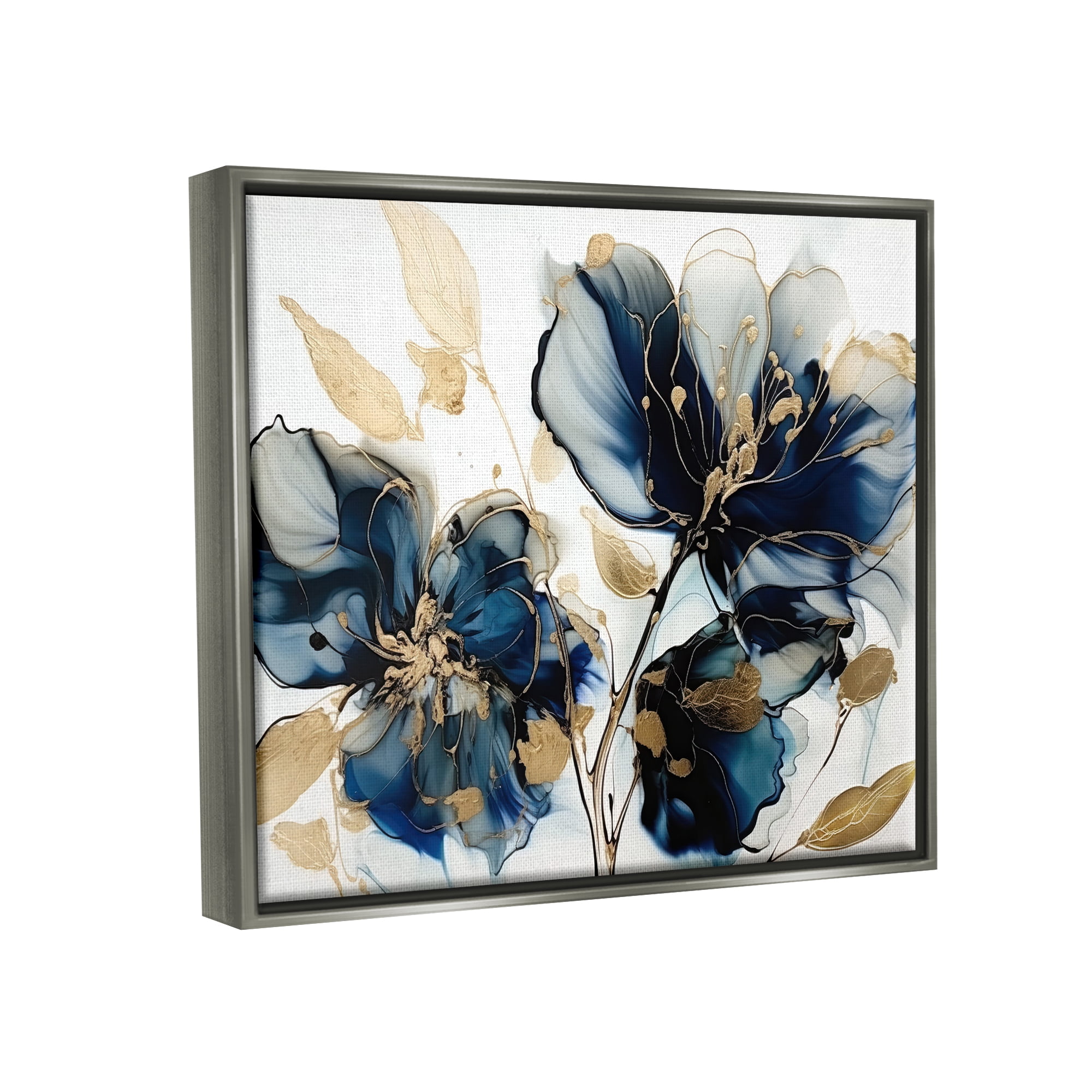 Stupell Industries Blue Modern Flowers Botanical & Floral Painting Gray Floater Framed Art Print Wall Art, 21 x 17