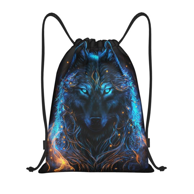Xecao Cool Blue Light Wolf Pattern Sports Drawstring Backpack - String Swim Gym Bag with Wet Proof Pocket for Women&Men-Small