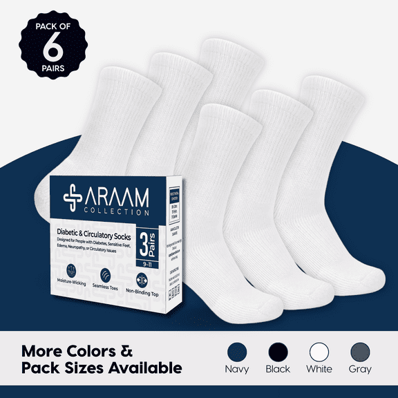 Araam Collection Diabetic Crew Socks - Non-Binding Cotton Diabetic Socks for Men and Women - 6 pairs, White (Size 13-15)