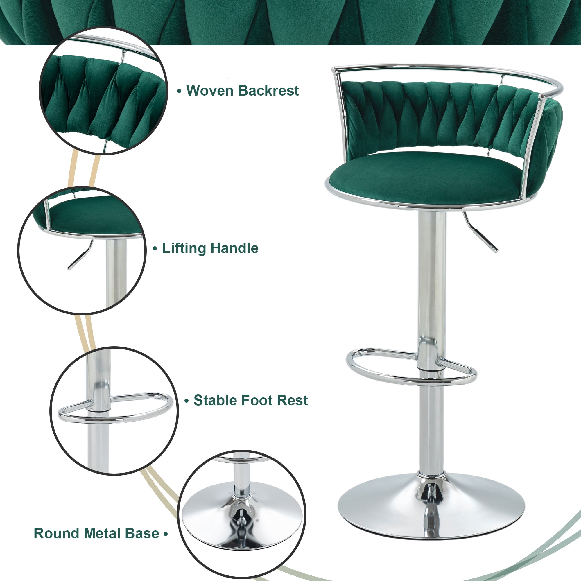 UIXE 360° Swivel Bar Stools Velvet Upholstered Adjustable Bar Chairs Set of 4 Silver Metal Barstool with Back & Footrest for Home and Kitchen, Dark Green