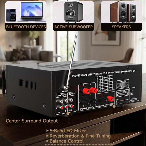 VIPQV 2500W Stereo Audio Amplifier, 2 Channel Bluetooth 5.0 Home Theater Power Amplifier with FM Radio, USB, SD, Amplifier for Passive Speakers and Active subwoofer