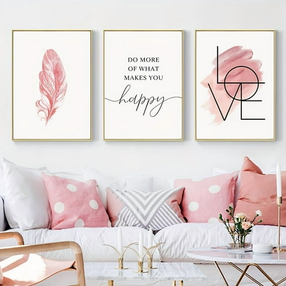 3pcs Feather Canvas Blush Pink Wall Art, Inspirational Quote Poster and Love Sign Picture, Frameless, 50x70cm/19.68x27.56inch Print for Room Decor Home Decor