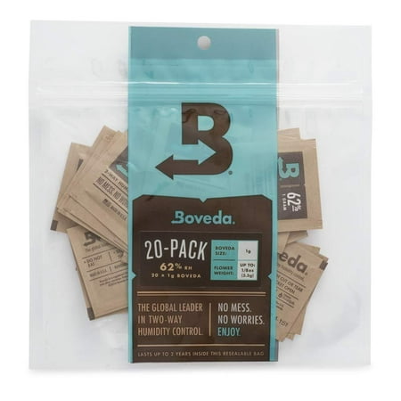 Boveda 62% RH 1 Gram, Patented 2-Way Humidity Control, (1) 20-Pack, Unwrapped Boveda, Resealable Bag, Store up to 1/8 oz (3.5g) of Cannabis; Terpene Protector, for Drier climates and Higher (Best Humidity For Cannabis Storage)