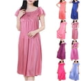 thumbnail image 2 of Yuanlook Women Square Neck Sleep Dress, Elastic Smocked Bust Satin Short Sleeve Nightgown Free Size, 2 of 3