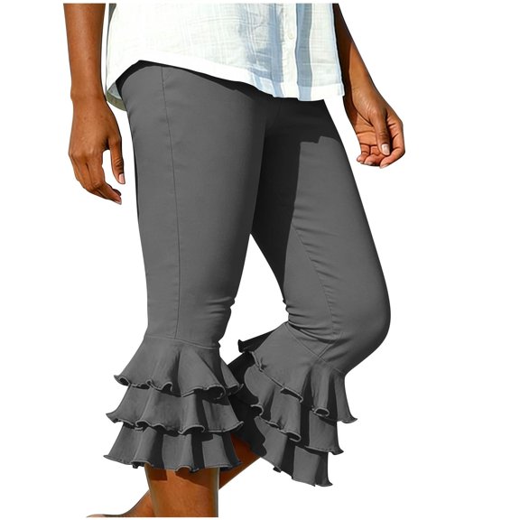 Yifymode Capri Pants for Women Trendy Tiered Ruffle Hem Flare Leggings Bell Bottom Skinny Cropped Bloomer Trousers,Gray L