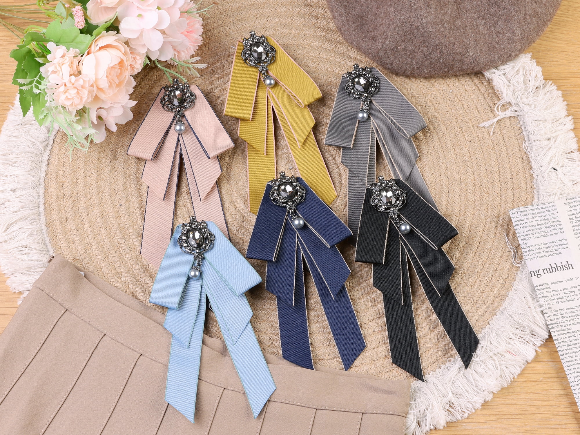 DARING DIVA Women's Elegant Ribbon Rhinestone Bow Ties Black
