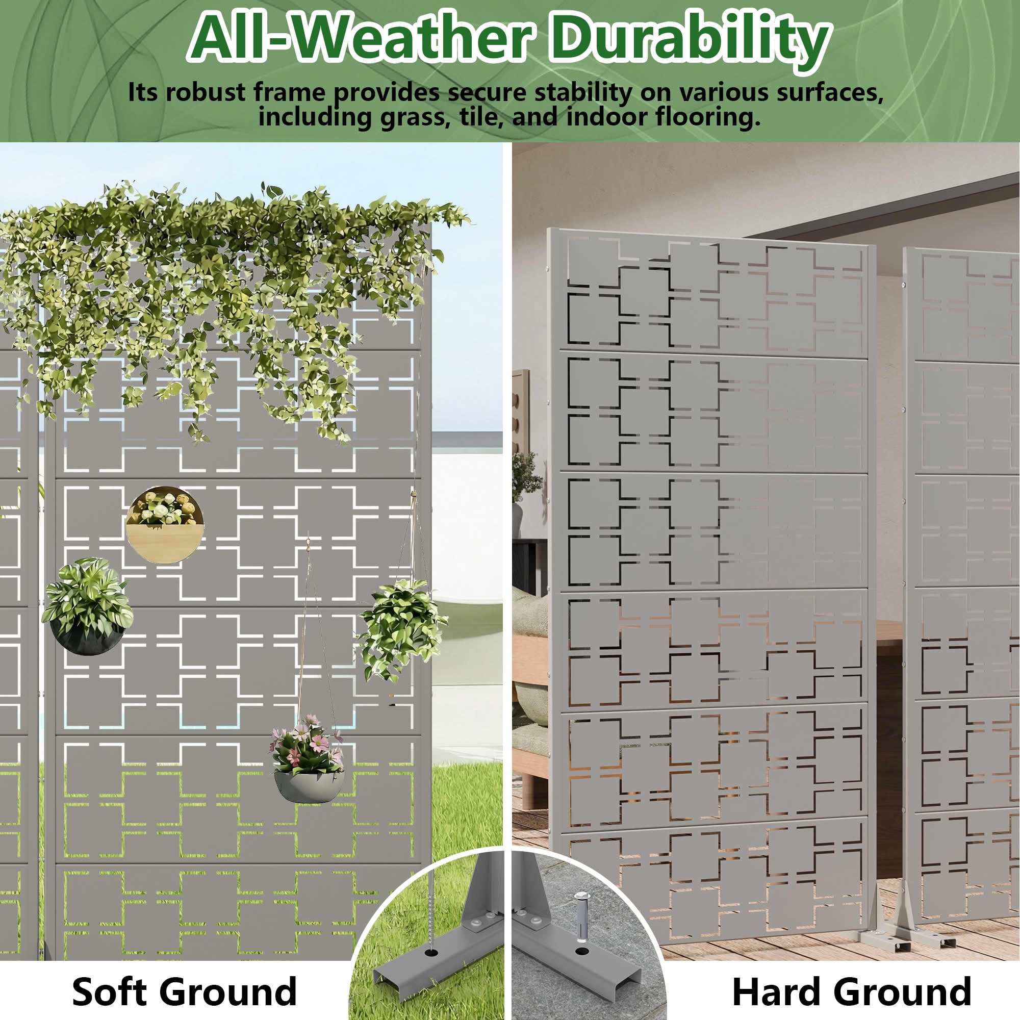MAYEERTY 2-Piece Outdoor Metal Privacy Screen 6ft × 3ft Gray, 6-Panel Square Geometric Pattern Decorative Screen for Patio