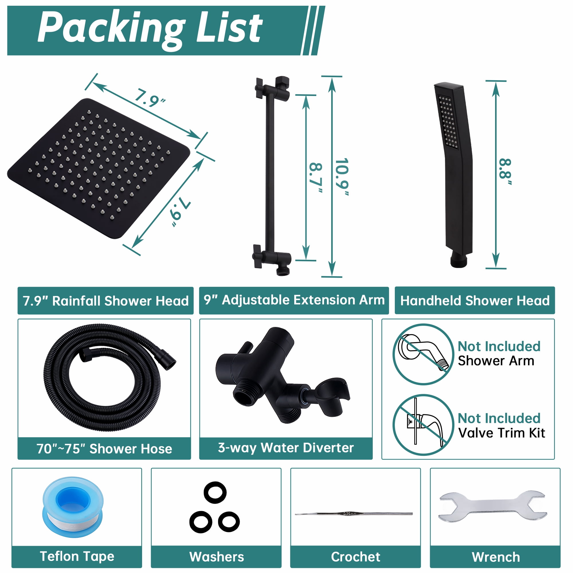 All Metal Dual Square Shower Head Combo, Rain Shower Head with Handheld Shower Wand and Extra Long Flexible Hose (Matte Black)