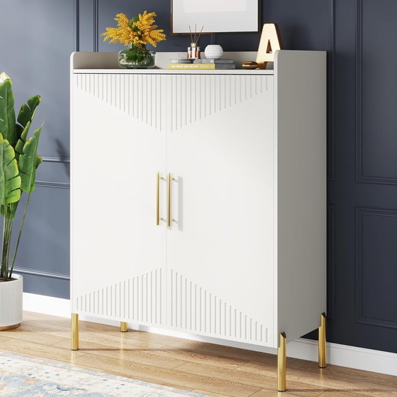 Tribesigns 6-Tier Large Shoe Cabinet , 30 Pairs Wood Entryway Shoe Rack for Hallway, White & Gold