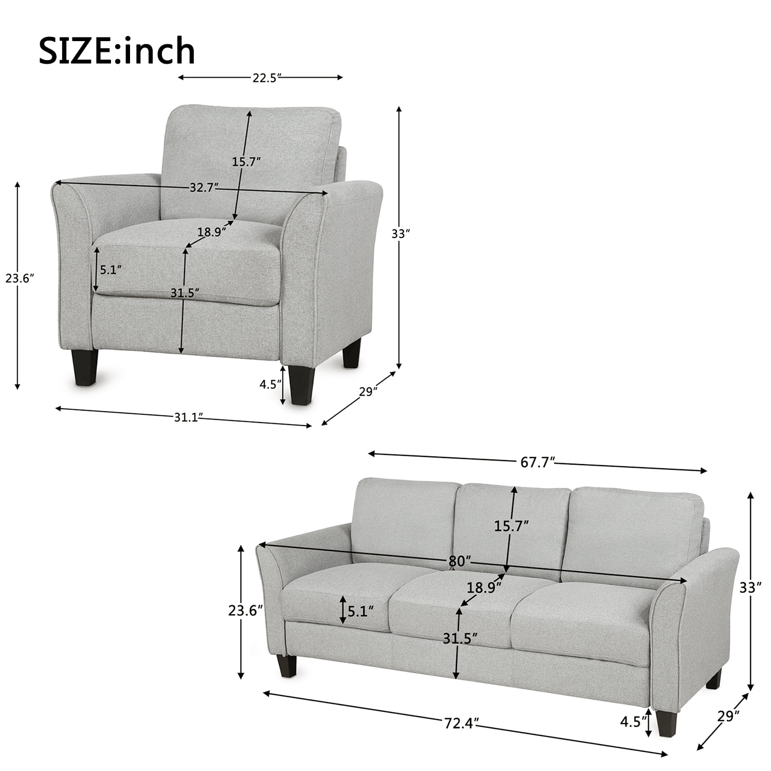 Kepooman Curved Arm Single Sofa Chair & 3-seat Sofa for Livng Room, Light Gray Kepooman Curved Arm Single Sofa Chair & 3-seat Sofa for Livng Room, Light Gray