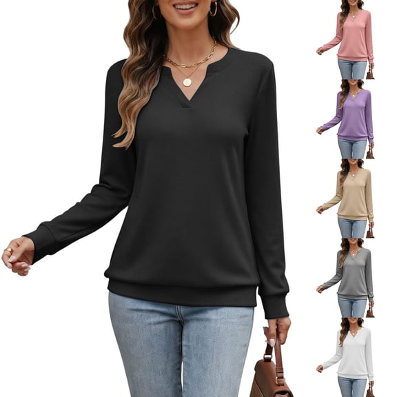 AGWOLF V Neck Sweatshirt for Women Comfort Long Sleeve Pullover Fall Outfits Casual Women Tops Pink M