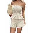 thumbnail image 3 of Women'S 2 Piece Striped Shirred Ruffle Strapless Bandeau Tops and Shorts Set Khaki XL, 3 of 8