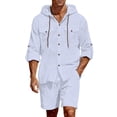 thumbnail image 2 of Gamivast 2 Piece Linen Set for Men Long Sleeve Hooded Button Down Shirt and Drawstring Shorts Set Breathable Lightweight Casual Summer Beach Sweatsuit, 2 of 9