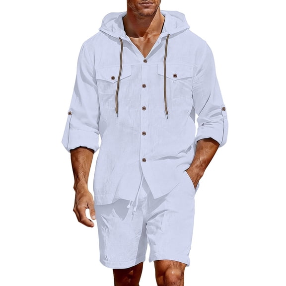 Aofany Linen Outfit Men Plus Size Hooded Short Sleeve Tops and Elastic Waist Drawstring Shorts Set Summer Button Casual Set with Pockets