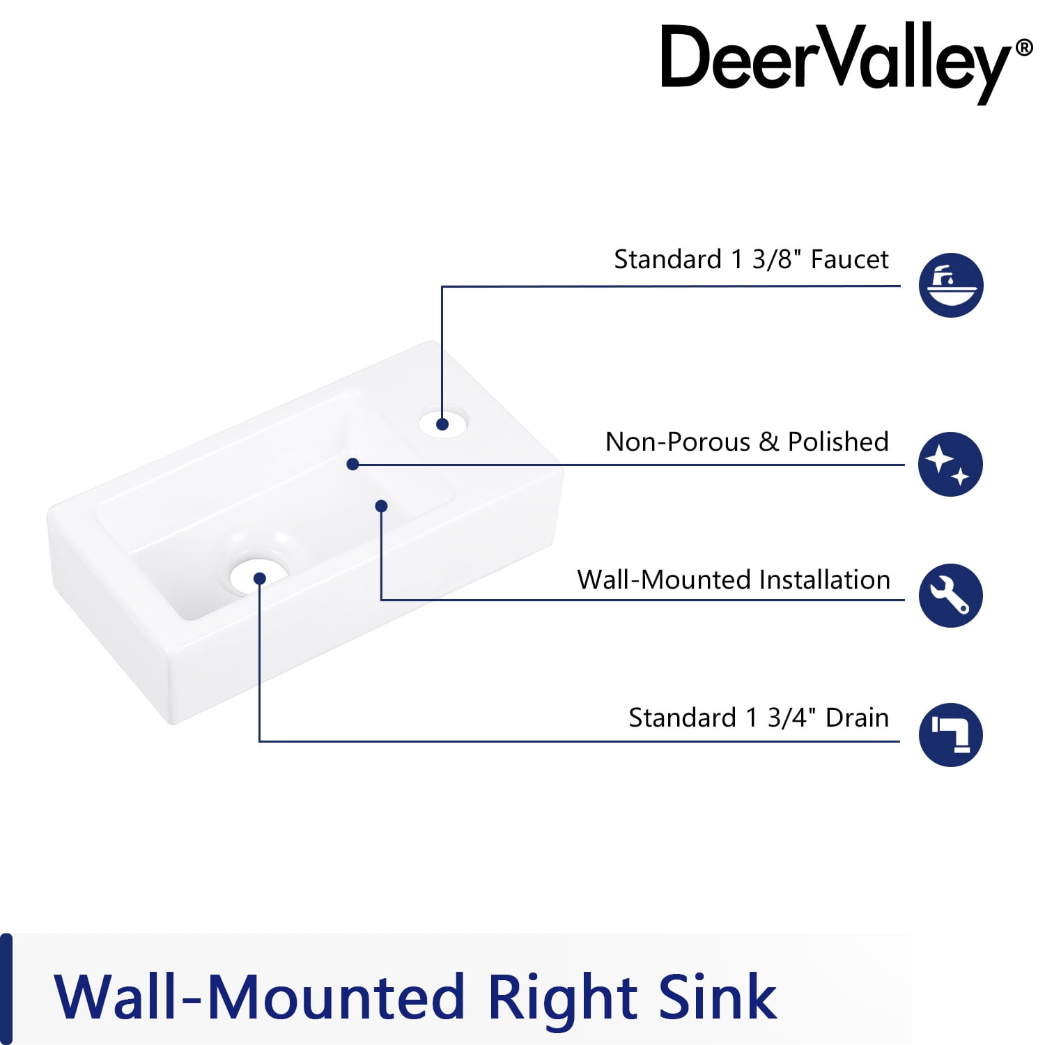DeerValley DV-1V081R White Ceramic Rectangular 7'' Wall Mount Bathroom Sink