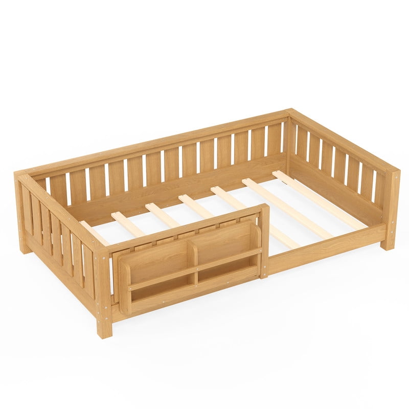 URTR Twin Size Montessori Floor Bed with Storage Bookshelf and High-Quality Safety Guardrail, Wooden Twin Floor Bed Frame, Low Profile Twin Bed with Fence and Headboard, Light Natural