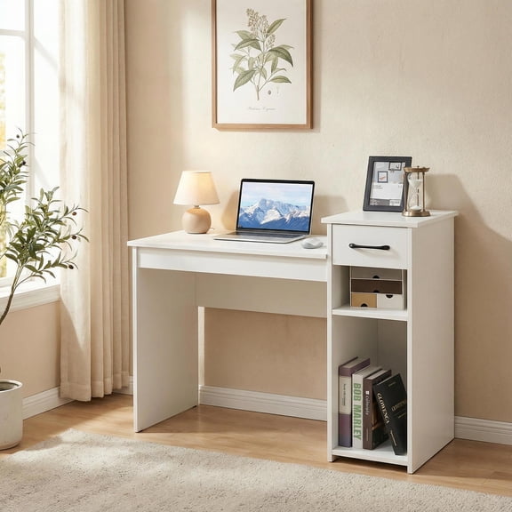 Topcobe Computer Desk PC Laptop Table with Drawer and Shelf, Home Office Furniture, Writing Table Workstation, White