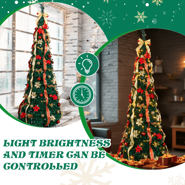 Alvantor 7 ft Fully Decorated Pre-Lit Pop-Up Christmas Tree with 200 Warm White LEDs, Remote Control, Red and Gold Ornaments