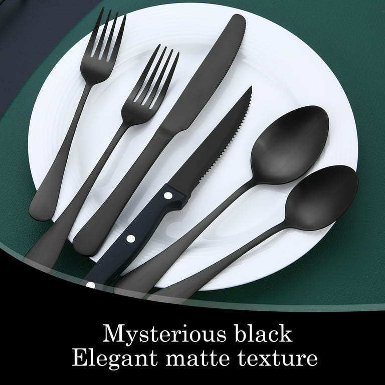 48-Piece Black Silverware Set with Steak Knives, Black Flatware