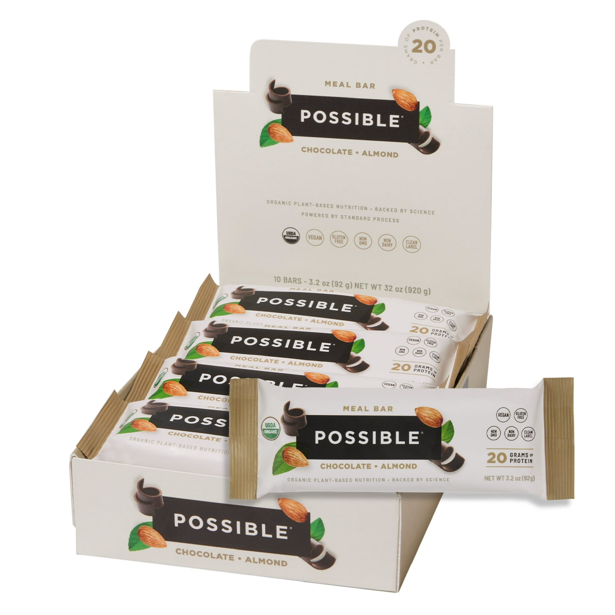 Possible Meal Bar - High Protein Energy Bars 20 Grams Organic Plant-Based Protein, Vegan, Gluten-Free, Non-Dairy - 1 Box, 10 Bars - Chocolate Almond