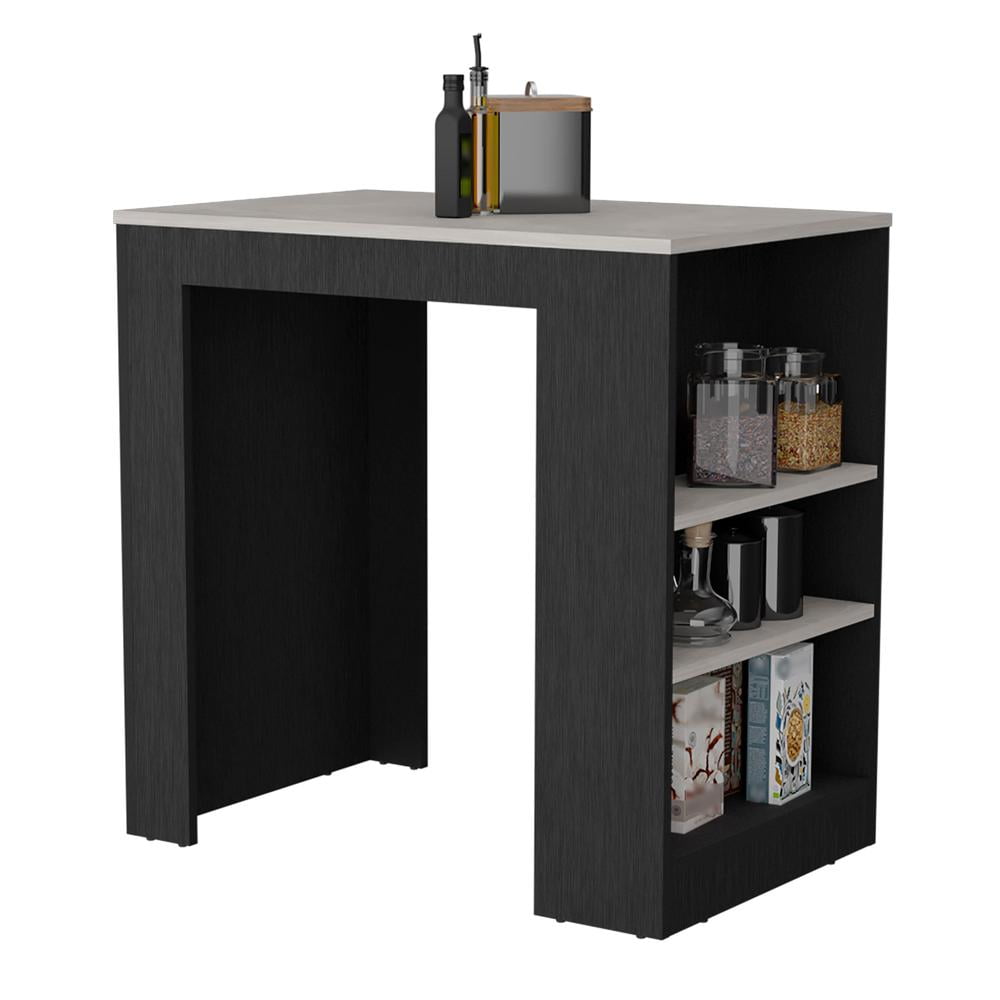 Depot E-Shop Kitchen Island, Kitchen Bar Table with 3-Side Shelves, Black / Ibiza Marble