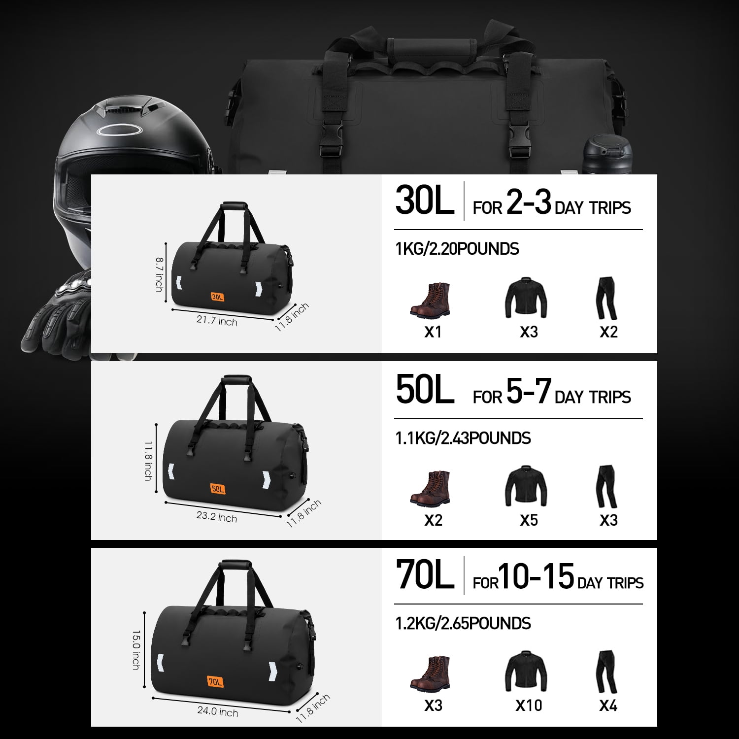GPED Waterproof Duffel Bag, 50L Roll-top Motorcycle Dry Bag with Air Valve & Quick-fixed Straps, Travel Duffle Bags for Kayaking Paddle Boarding Rafting Boating Camping Riding Fishing