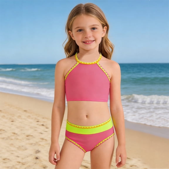 Girls Swimsuit Girl's Solid Color Two Piece Bikini Set for Summer Beach Toddler Bathing Suit Girl Hot Pink 3-4 Years