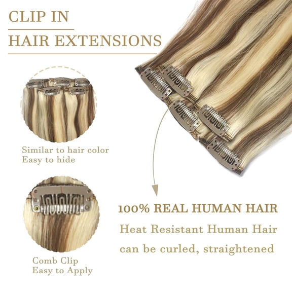 WEIF-5pcs Clip in Hair Extensions 100% Human Hair 18 Inch Light Brown Mixed Bleach Blonde Highlights for Blonde #8P613