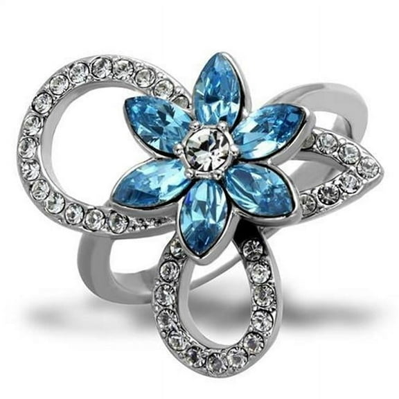 Alamode TK2123-10 Women High Polished Stainless Steel Ring with Top Grade Crystal in Sea Blue - Size 10