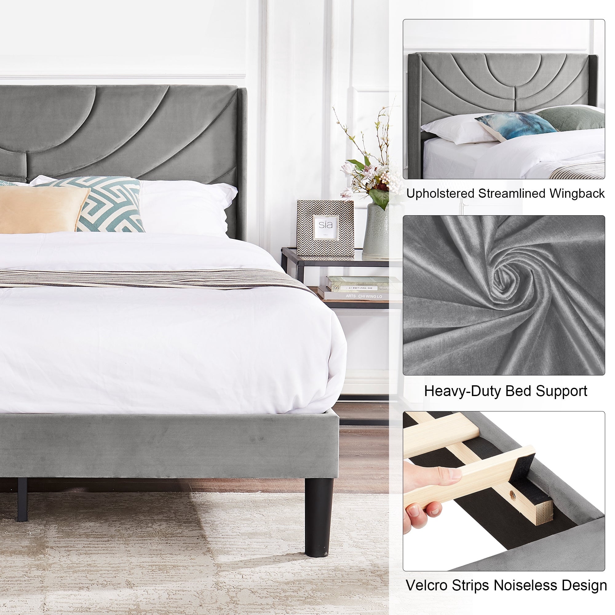 VECELO Upholstered Platform Queen Bed Frame with Fabric Headboard,Wooden Slats Support/No Box Spring Needed/Mattress Foundation,Dark Gray