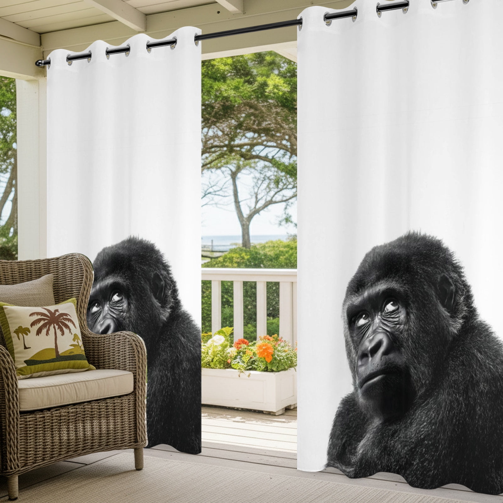 Gorilla Portrait Outdoor Curtains for Patio, Animal Minimalist Modern Black White Sunshade Privacy Drapes Grommet Waterproof Outside Curtains for Porch/Cabana/Balcony 54"x 108", 1 Panel